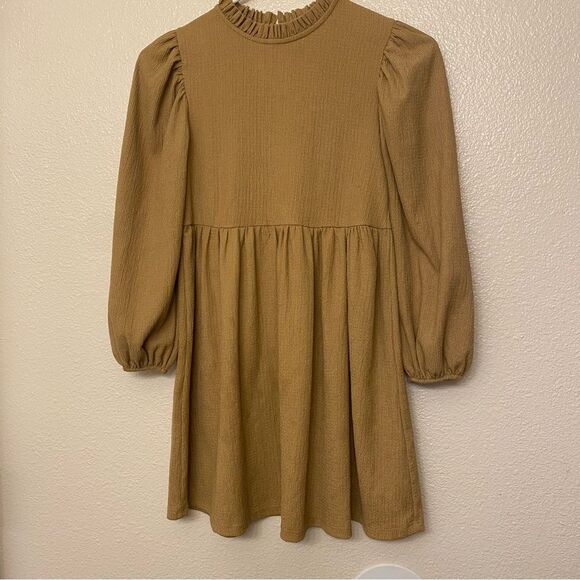 Zara gold tan Textured tan beige brown oversized boho dress mock long sleeve 9 - Picture 1 of 8